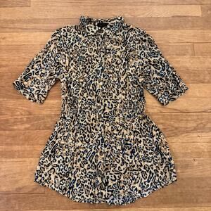 Mine tan black abstract 1/2 sleeve button down blouse shirt top juniors M
 b43